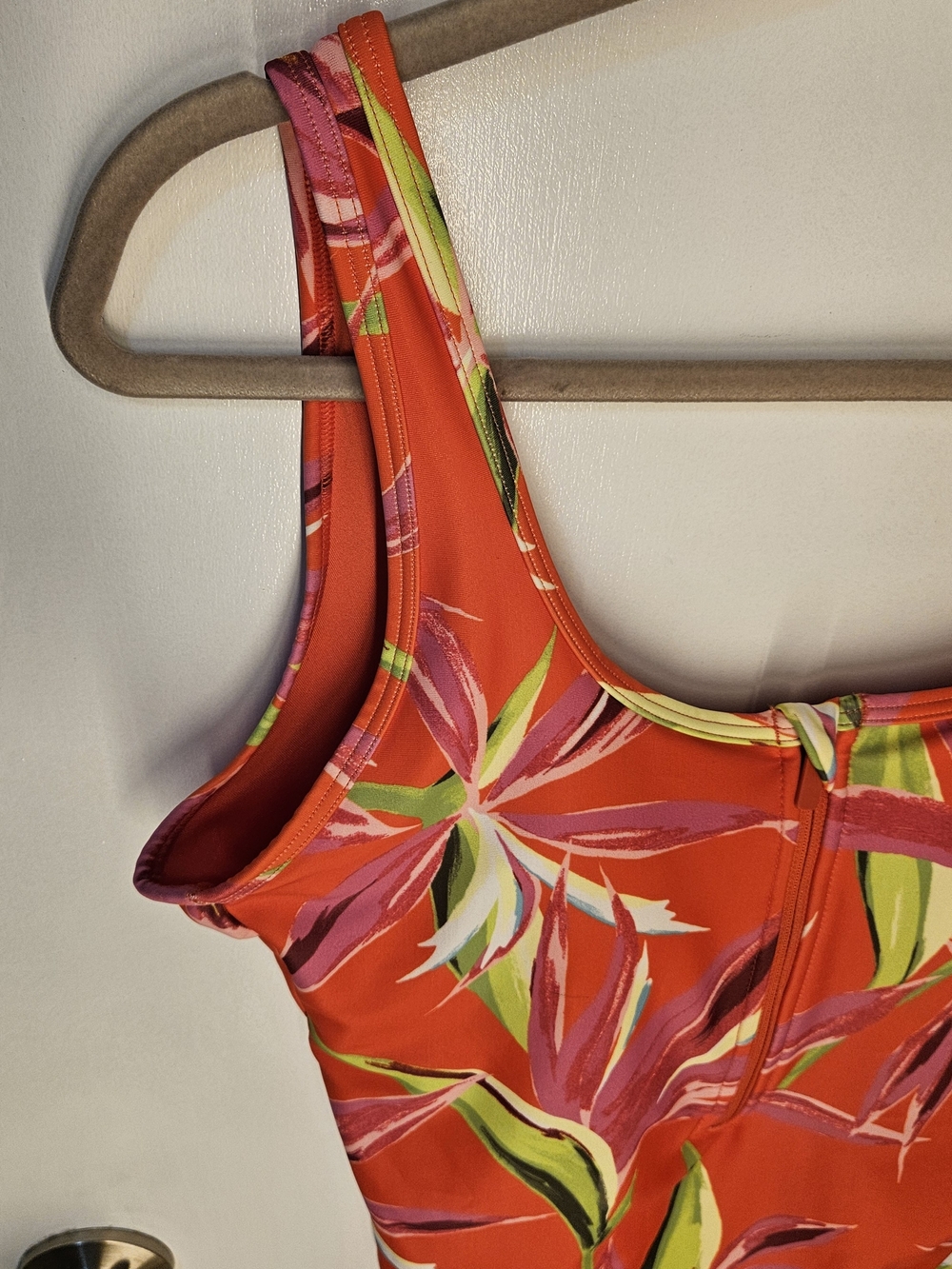 Old Navy Women M Regular Orange Tropical Floral One-Piece Swimsuit Zip Front - Picture 2 of 14